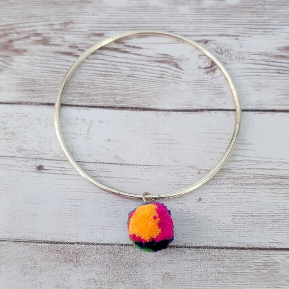 Vintage Bracelet 9" Gold Tone Bangle with Fluffy Multi Colored Ball Charm - Picture 1 of 10